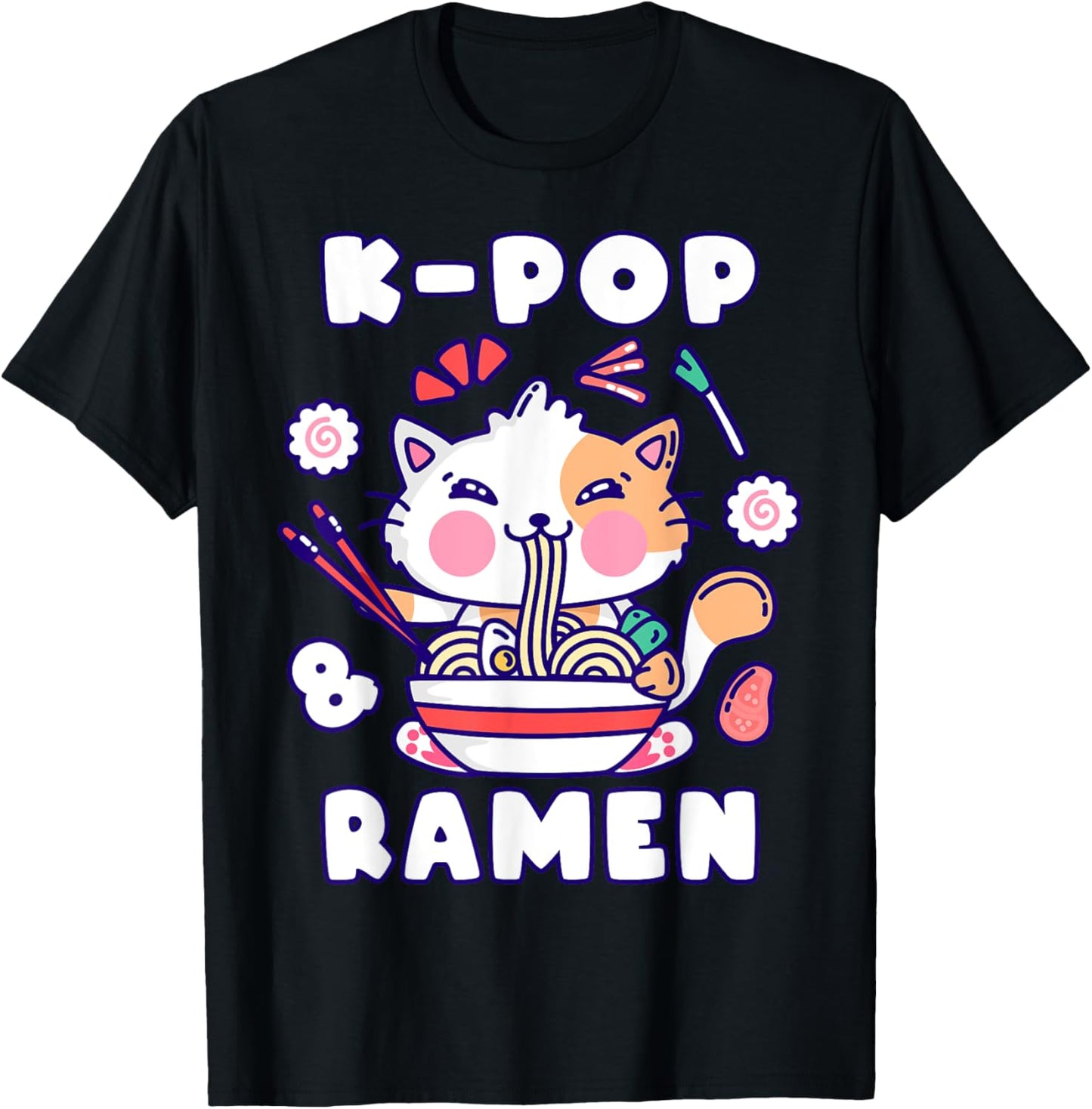 Cat, K-Pop & Ramen, Korean Music, Cute Playful T-Shirt - T-Shirt | Black