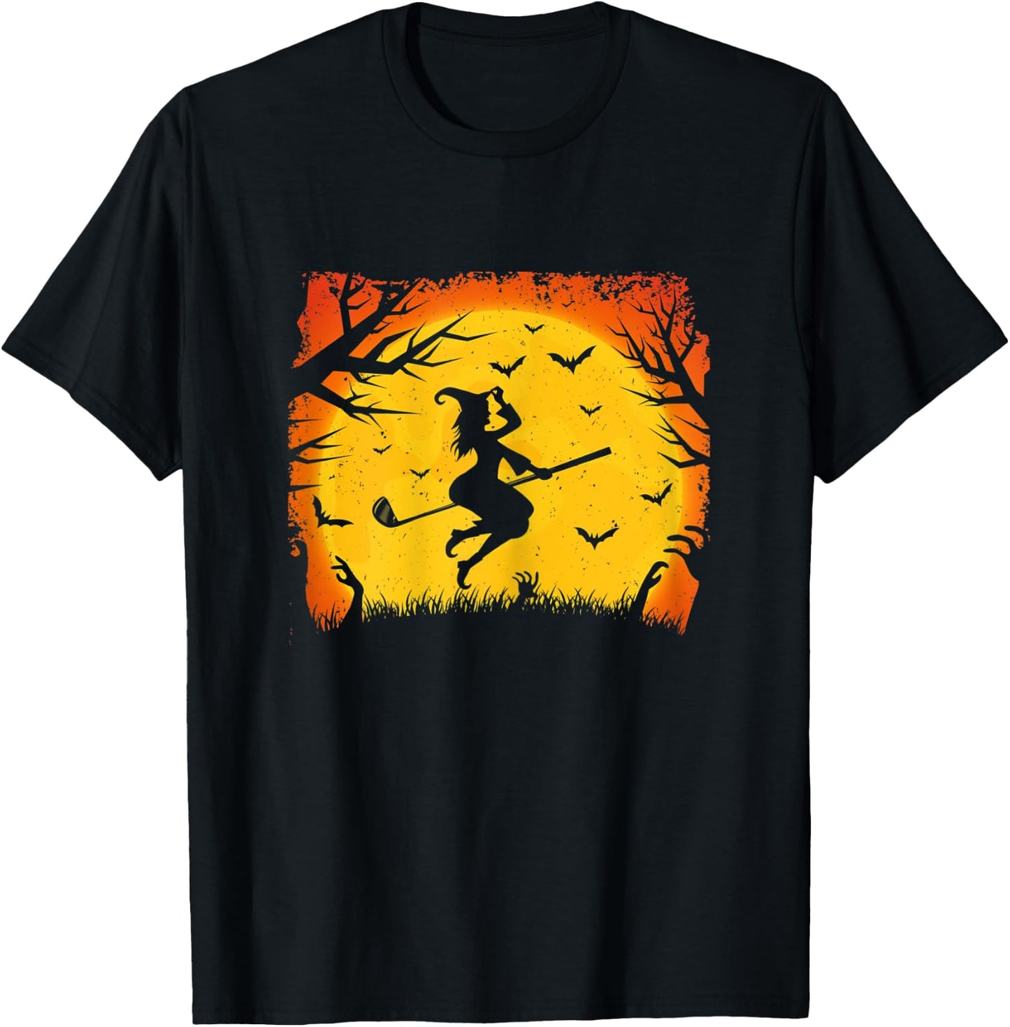 Golf Witch Riding Golf Stick Funny Halloween Golf Player T-Shirt - T-Shirt | Black