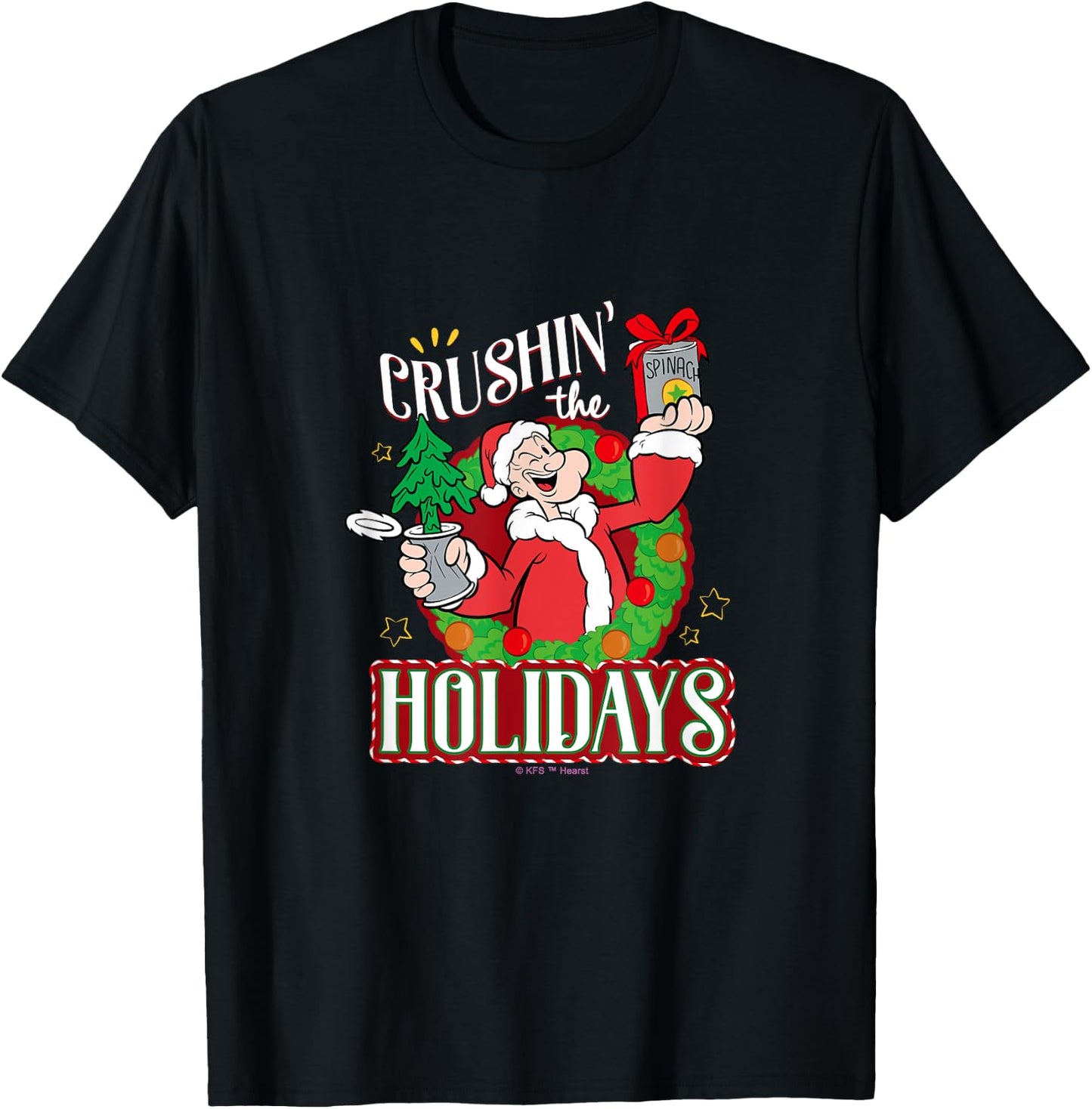 Popeye and Olive Oyl Official Merchandise -Adults Black Short Sleeve Small Holiday T-Shirt - T-Shirt | Black