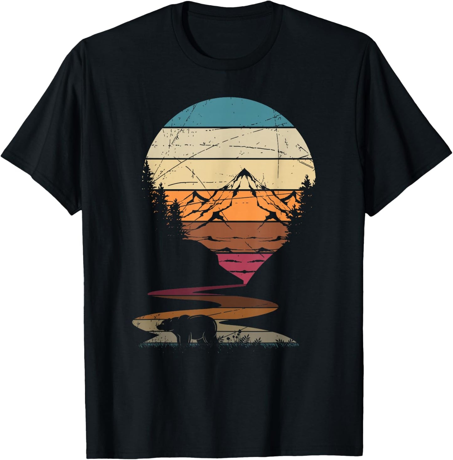 Retro Outdoor Nature Trees Bear Mountains Forest Hiking T-Shirt - T-Shirt | Black