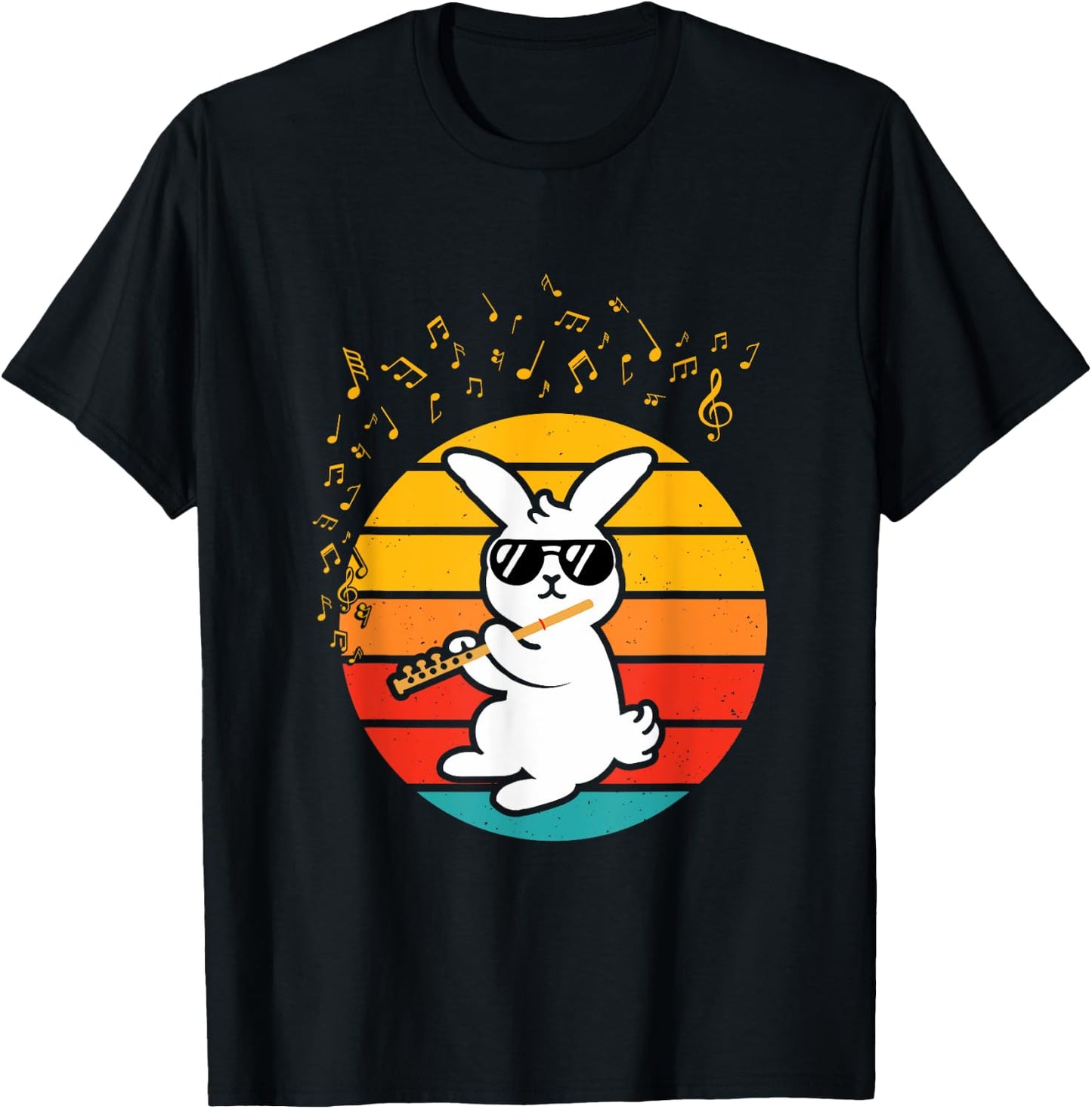Cool Bunny with Flute - Music Lover Retro Rabbit Flute T-Shirt - T-Shirt | Black