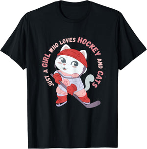 Just A Girl Who Loves Hockey and Cats Gift T-Shirt - T-Shirt | Black