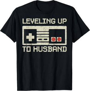 Leveling Up To Husband Gamer Retro Bachelor Party Groom T-Shirt - T-Shirt | Black