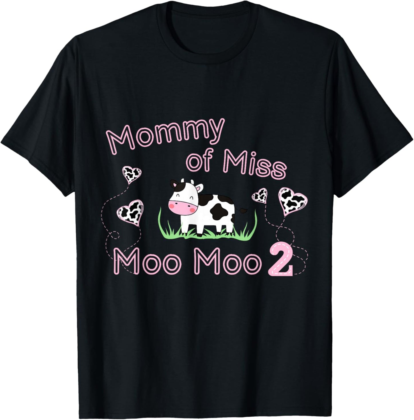 Girl Second Birthday Party Pink Cow Mommy Moo I'm Two Animal T-Shirt - T-Shirt | Black