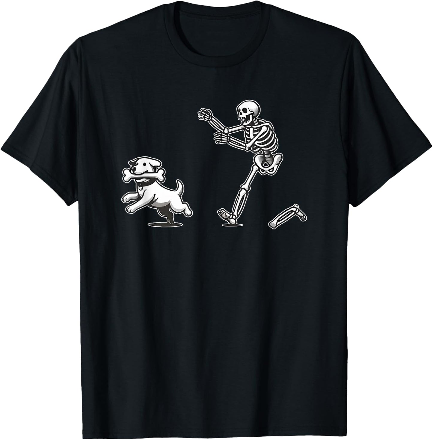 Halloween Dog, Funny Skeleton, Skeleton Chasing Dog Men Women T-Shirt - T-Shirt | Black