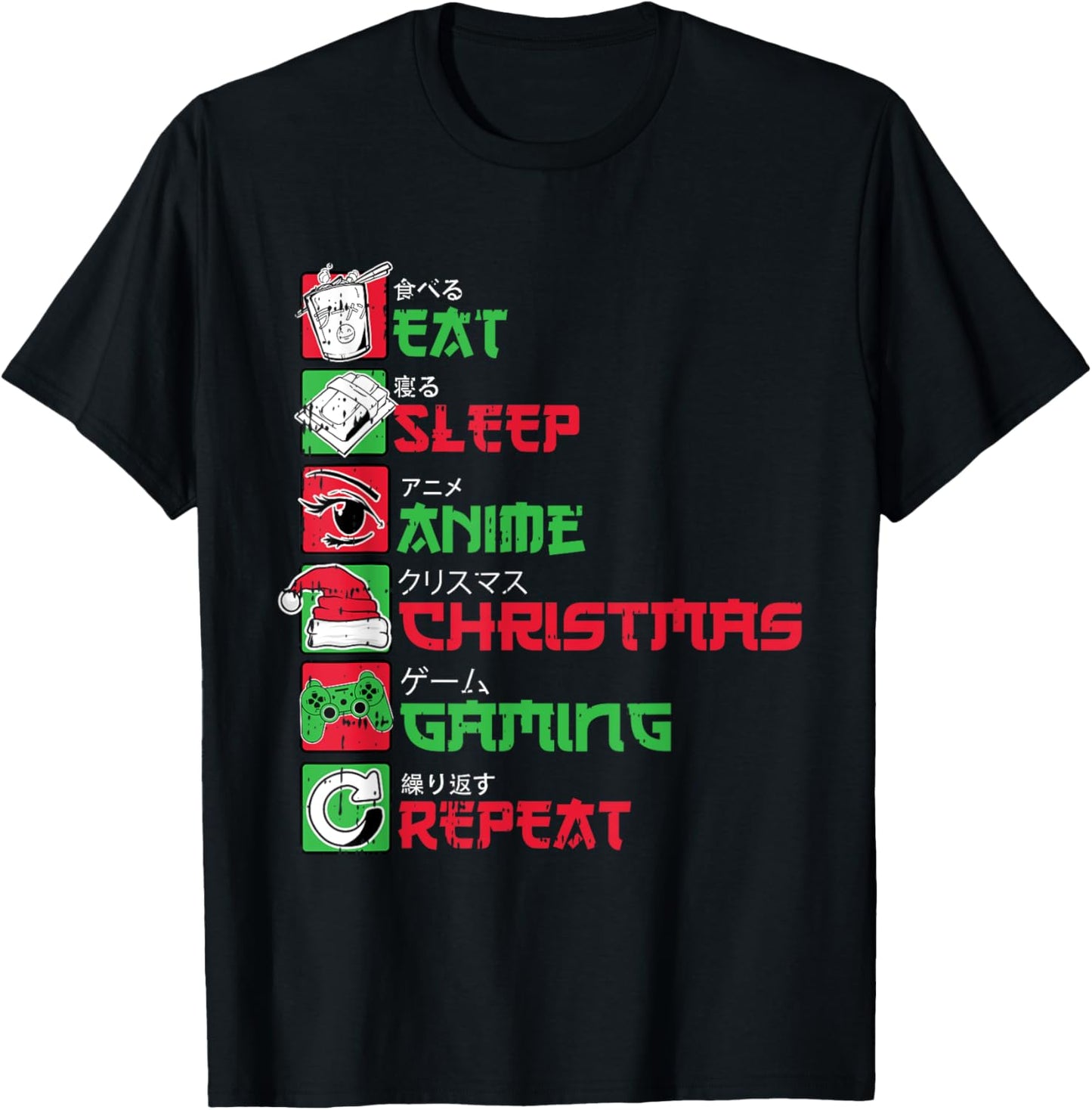 Eat Sleep Anime Gaming Christmas Pajama X-Mas Holiday Gamer T-Shirt - T-Shirt | Black