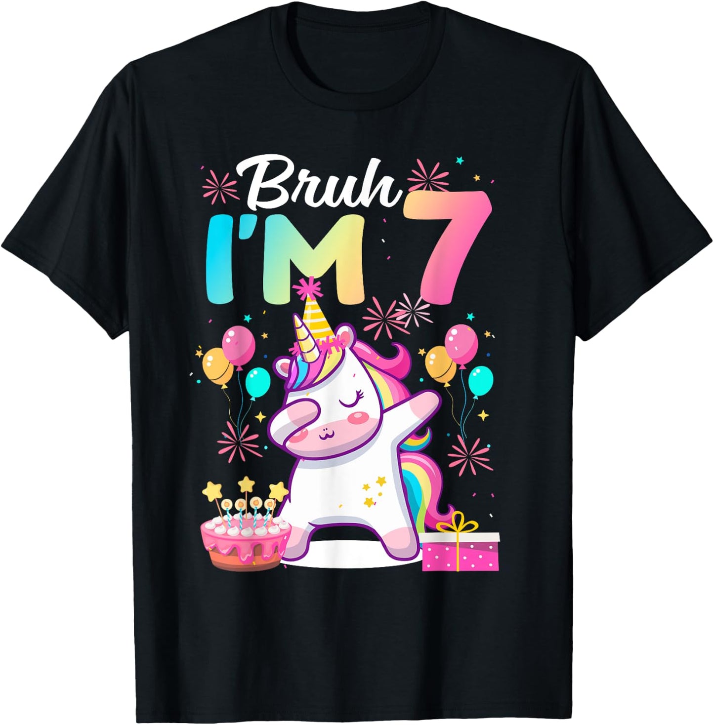 Bruh I'm 7 Years Old Girl 7th Birthday Dabbing Unicorn T-Shirt - T-Shirt | Black