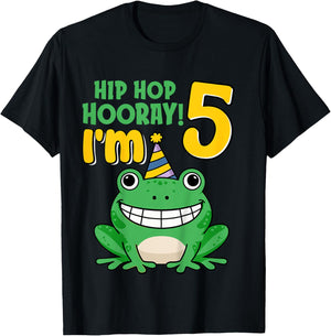 Kids Hip Hop Hooray I'm Frog 5 Years Old 5th Birthday Party Frog T-Shirt - T-Shirt | Black