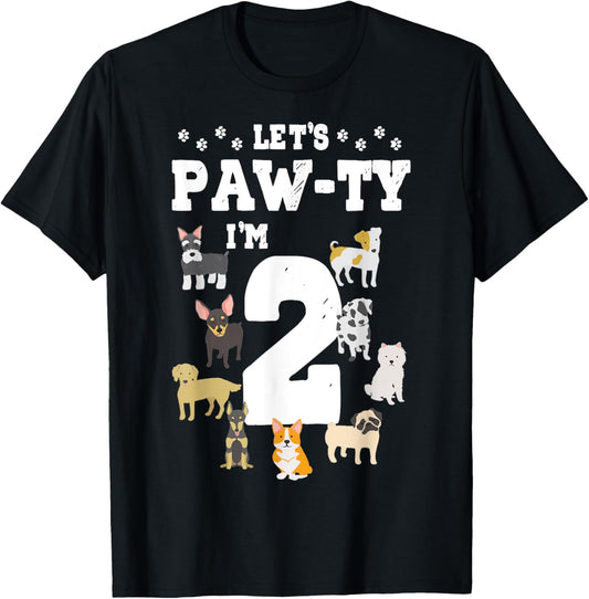 Let's Pawty I'm 2nd Birthday Puppy Dog Theme 2 Year Old T-Shirt - T-Shirt | Black