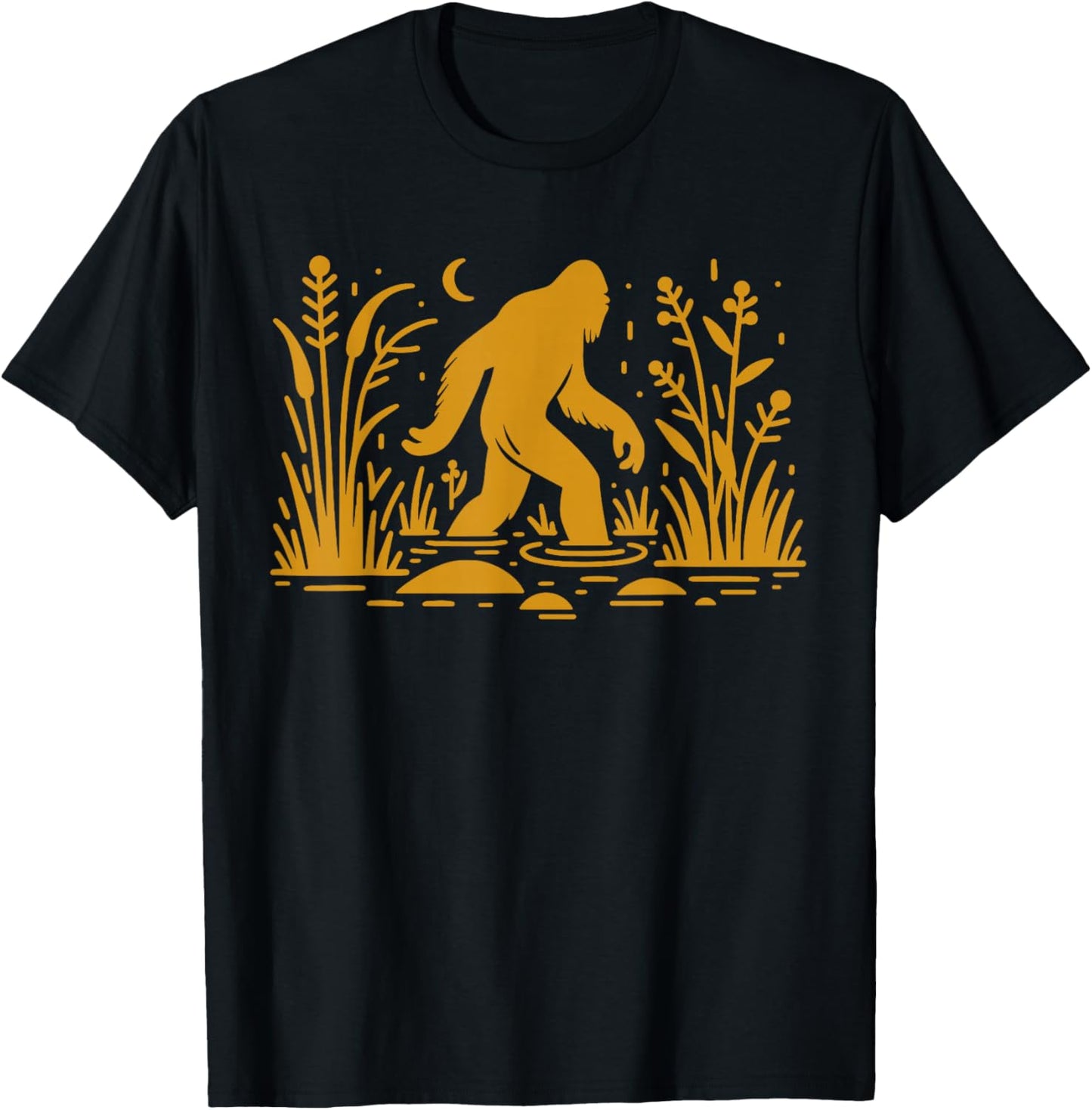 Retro Gold Bigfoot Walking In A Swamp Skunk Ape T-Shirt - T-Shirt | Black