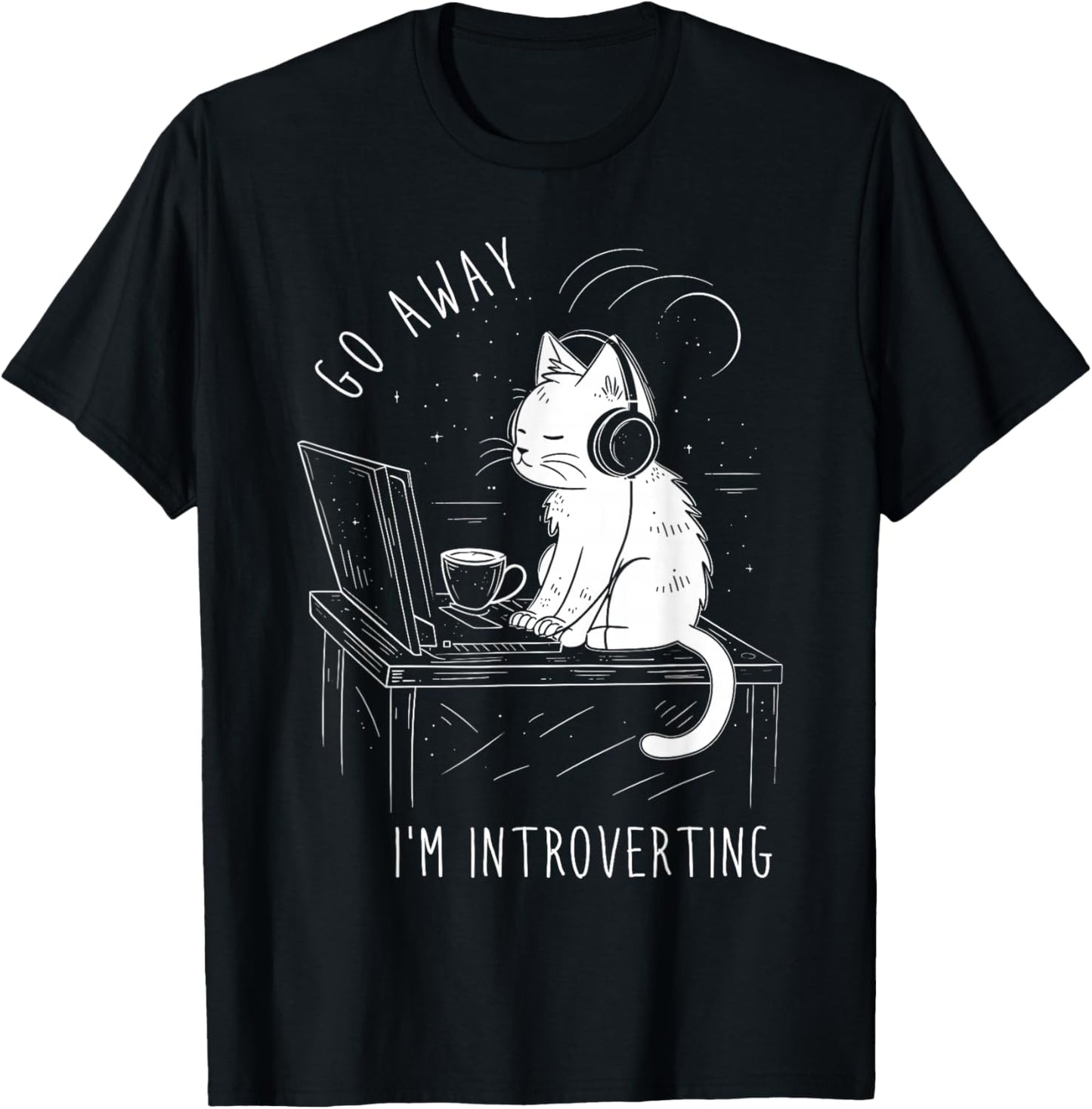 Introvert Cat with Coffee on Computer Antisocial Emo Goth T-Shirt - T-Shirt | Black