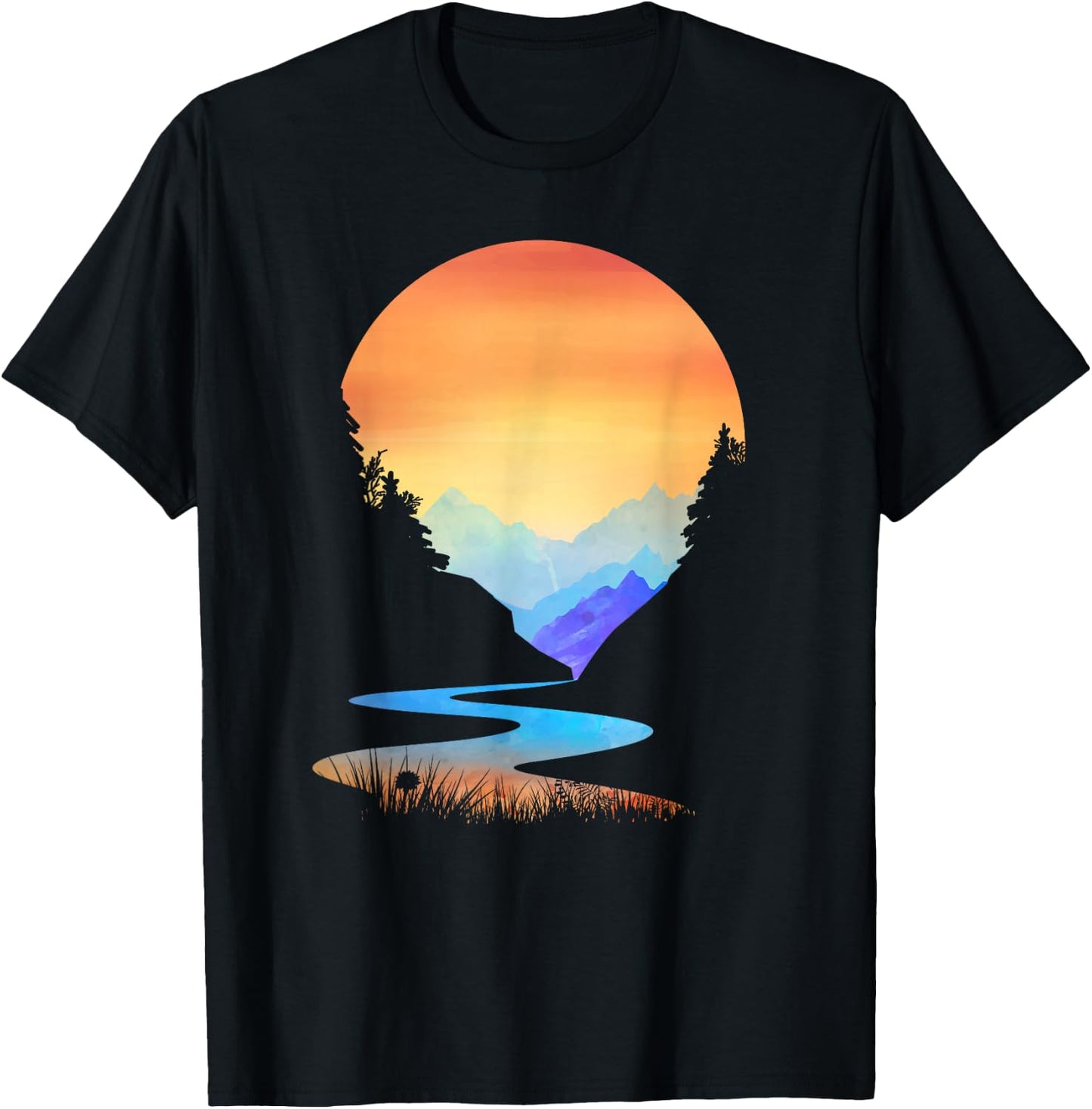Outdoor Sunset Vintage Style Mountains Sun Nature T-Shirt - T-Shirt | Black