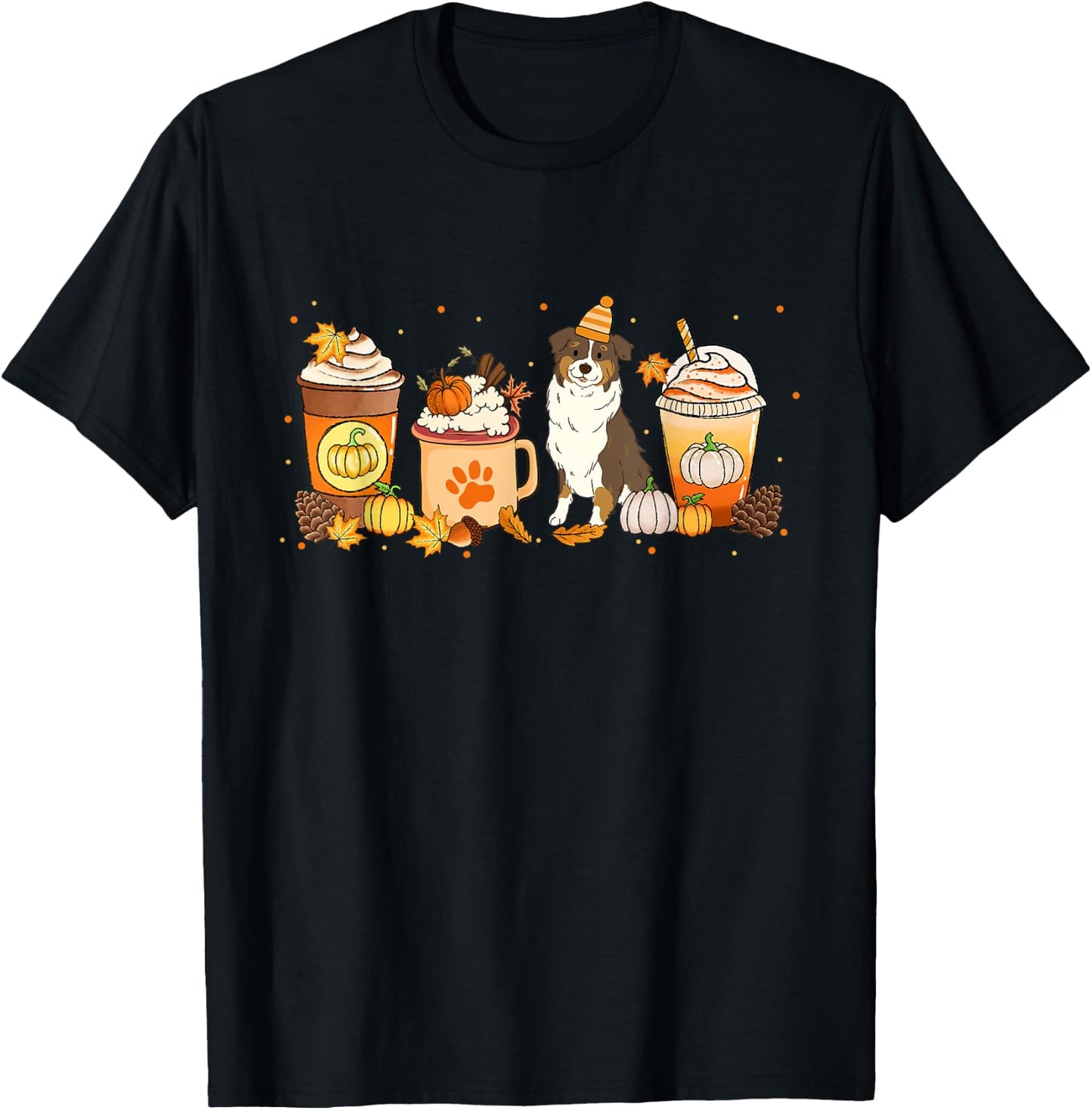 Aussie Coffee Pumpkin Spice Dog Lovers Fall Thanksgiving T-Shirt - T-Shirt | Black