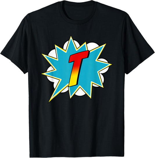 Letter Superhero Name Comic Costume : Black, Small, Retro, Superhero, Cartoon, -Adults & Kids, Short Sleeve, , Retro-Superhero T-Shirt - T-Shirt | Black