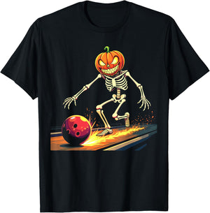 Pumpkin Head Skeleton Bowling Halloween Spooky Sports T-Shirt - T-Shirt | Black