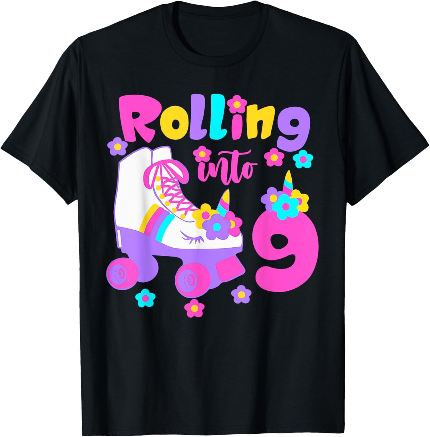 Rolling Into 9 Years Old Roller Skating Girl 9th Birthday T-Shirt - T-Shirt | Black