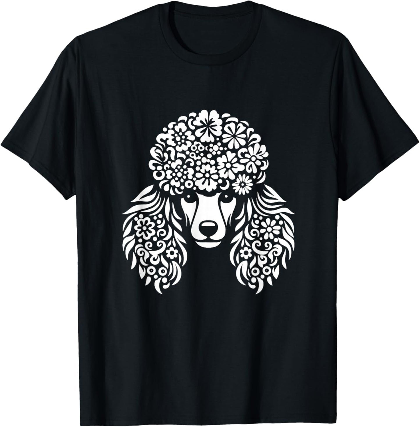 Floral Poodle Face Dog with Flowers Graphic Design T-Shirt - T-Shirt | Black