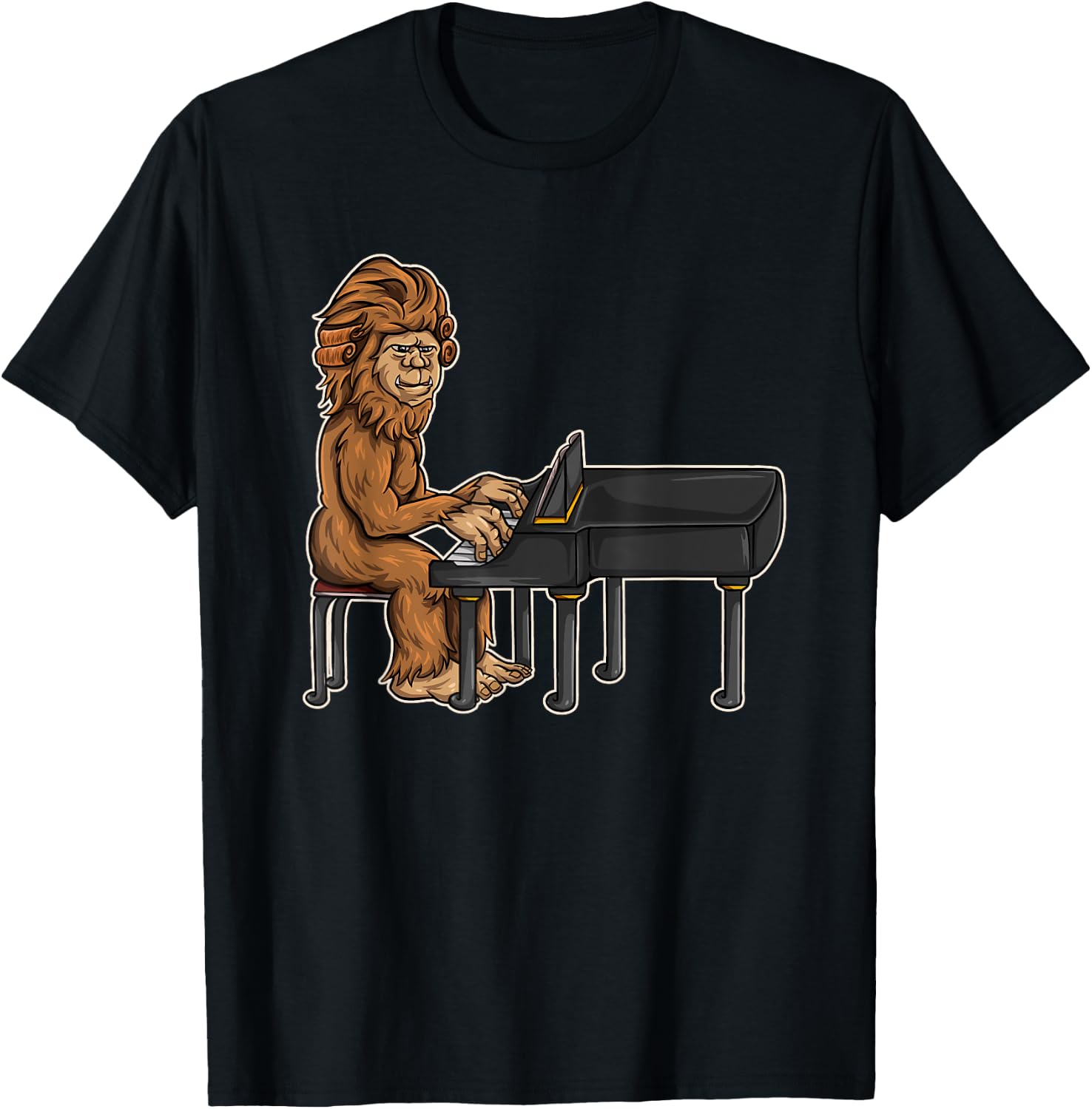 Bigfoot Playing Piano - Funny & Magical Sasquatch Pianist T-Shirt - T-Shirt | Black