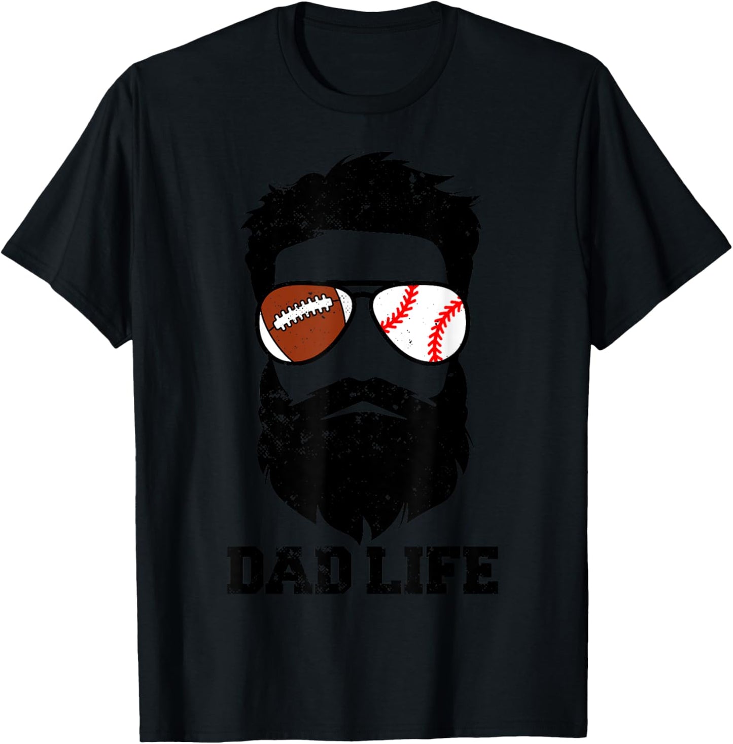Football Baseball Dad Messy Hair Beard Football Baseball Dad T-Shirt - T-Shirt | Black