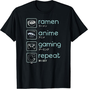 Wakeup Gaming Again, Ramen Anime Gaming Restart T-Shirt - T-Shirt | Black