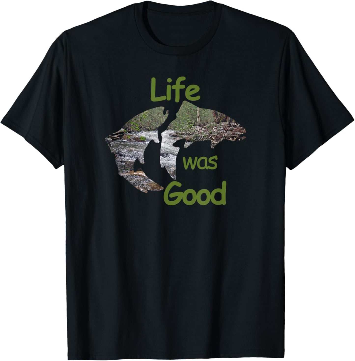 Life Was Good (LWG) Two Trout with inlay stream scene. T-Shirt - T-Shirt | Black