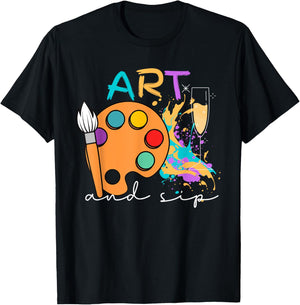 Art And Sip Party Paint Funny Wine Drinking Rainbow Painting T-Shirt - T-Shirt | Black