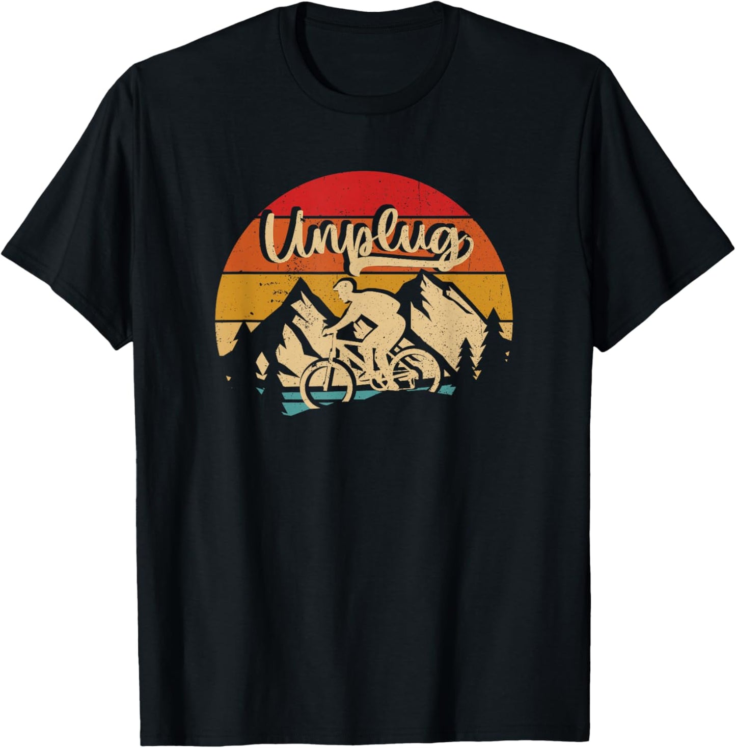 MTB Mountain Bike Unplug Vintage Sunset Sport Biker Riding T-Shirt - T-Shirt | Black