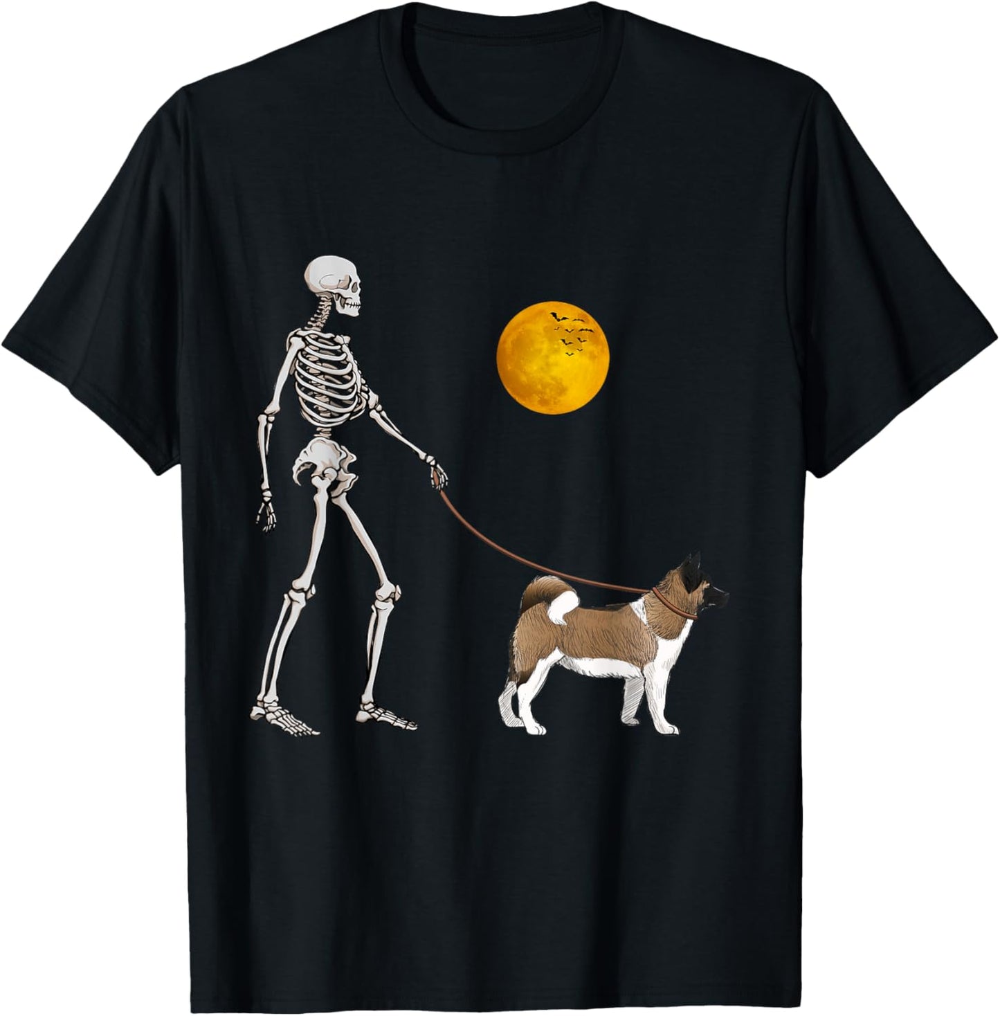 Akita Inu Skeleton Dog Walking Halloween Costume T-Shirt - T-Shirt | Black