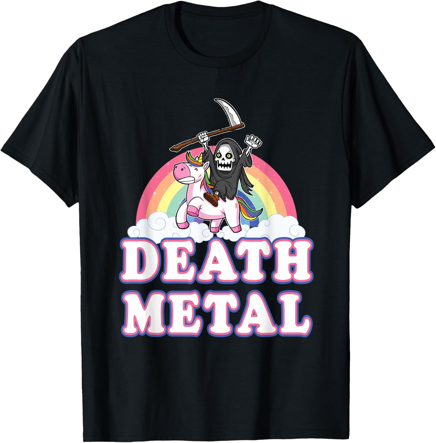 Death Metal Rock Music Halloween Grim Reaper Riding Unicorn T-Shirt - T-Shirt | Black