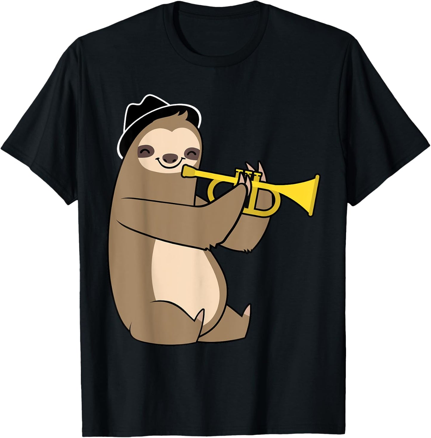 Jazz Sloth Trumpet Funny Musician Cute Animal Playing T-Shirt - T-Shirt | Black