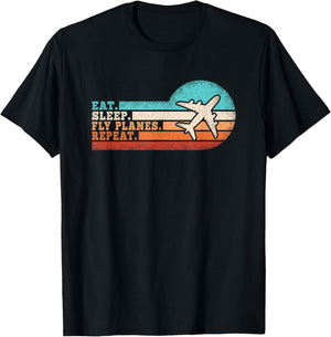 Eat Sleep Fly Planes Repeat Funny Pilot Aviation Airplane T-Shirt - T-Shirt | Black