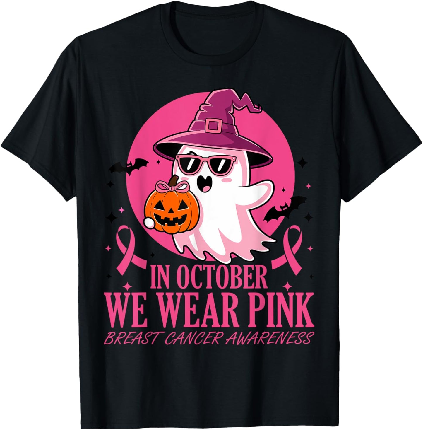 In October We Wear Pink Breast Cancer Awareness Halloween T-Shirt - T-Shirt | Black