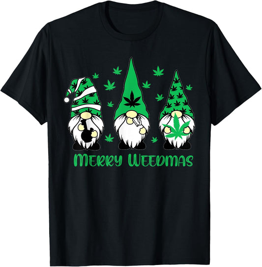Merry Weedmas Gnomes Stoner Christmas Cannabis Marijuana T-Shirt - T-Shirt | Black