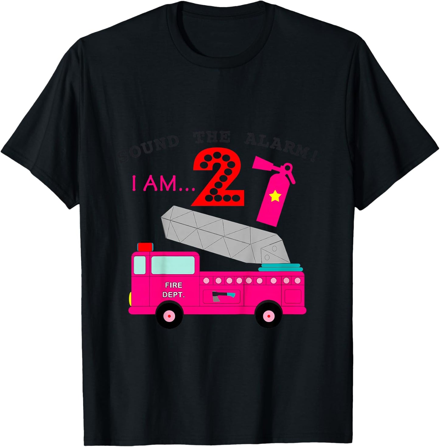 Pink Fire Truck for Girls 2 Years Old Second Birthday Party T-Shirt - T-Shirt | Black