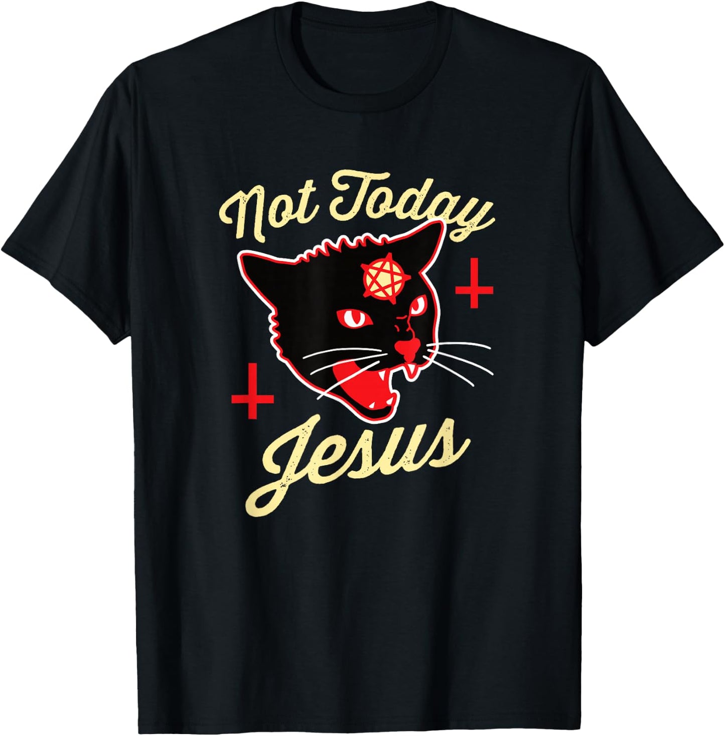 Not Today Jesus Hail Satan Satanic Cat Death Metal Halloween T-Shirt - T-Shirt | Black