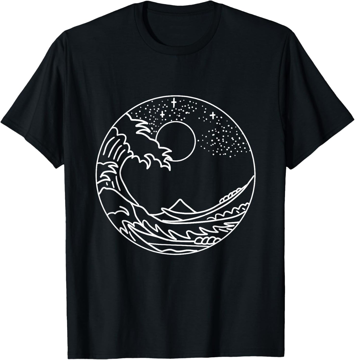 The Great Wave Off Kanagawa Minimal Line Art Nature Gift T-Shirt - T-Shirt | Black
