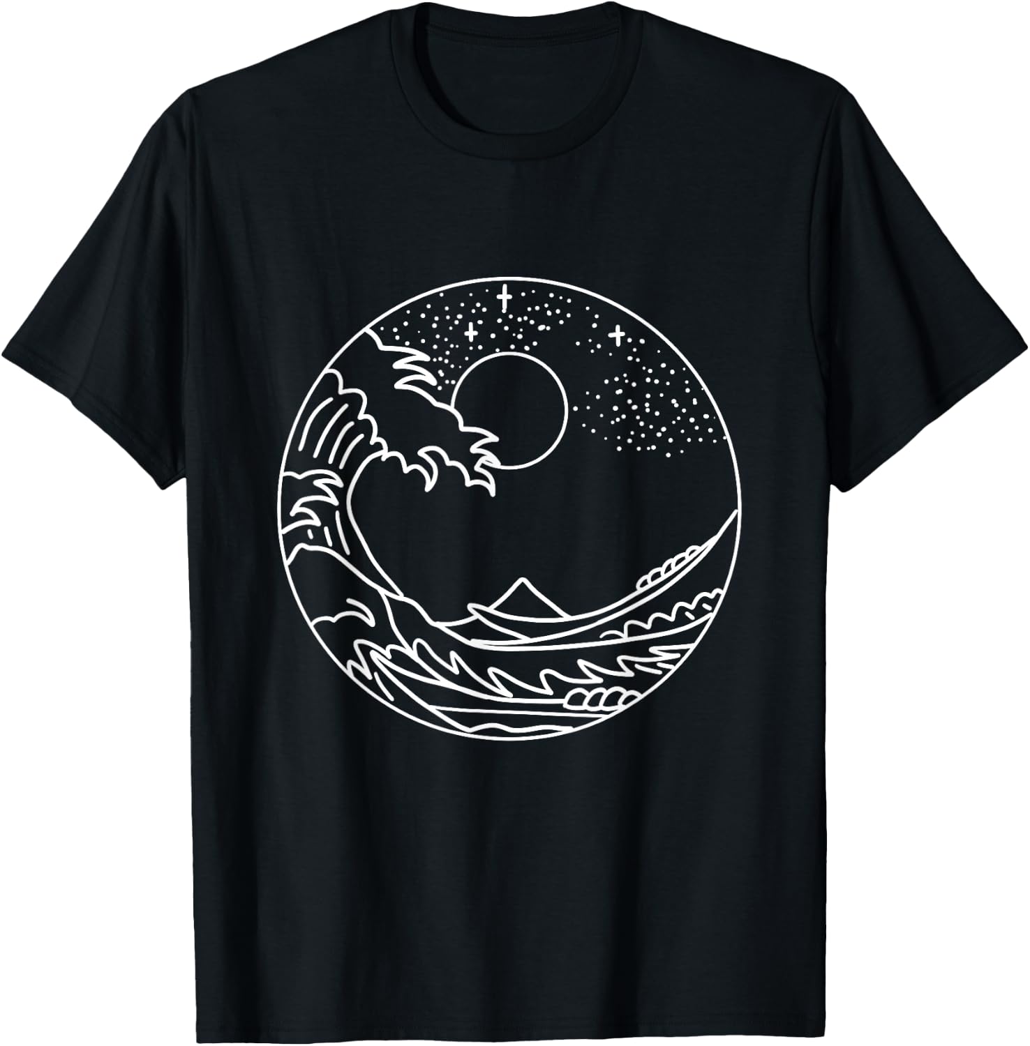 The Great Wave Off Kanagawa Minimal Line Art Nature Gift T-Shirt - T-Shirt | Black