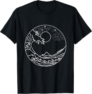 The Great Wave Off Kanagawa Minimal Line Art Nature Gift T-Shirt - T-Shirt | Black