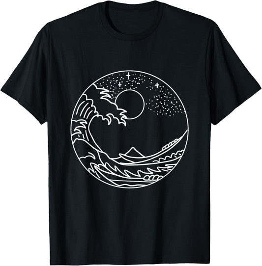 The Great Wave Off Kanagawa Minimal Line Art Nature Gift T-Shirt - T-Shirt | Black