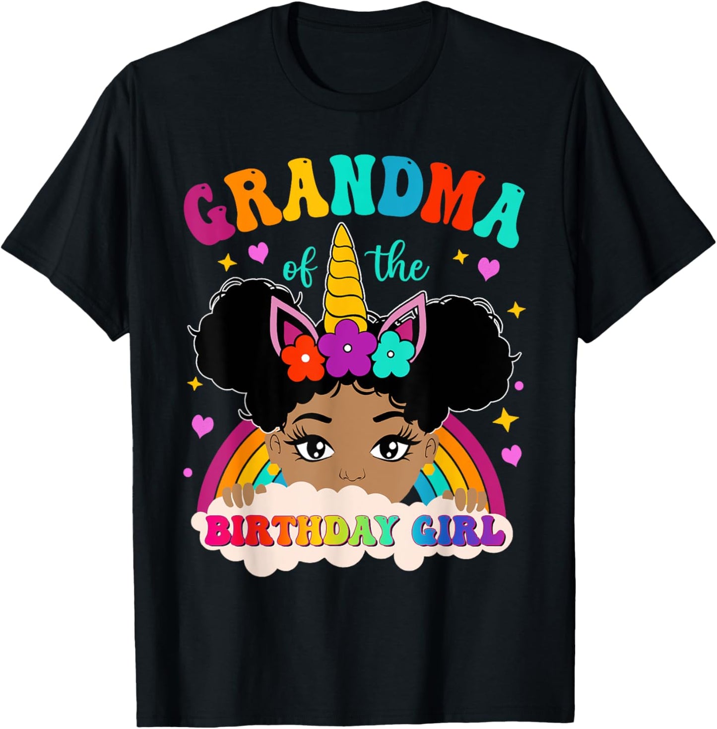 Grandma of The Birthday Girl Rainbow Afro Melanin Unicorn T-Shirt - T-Shirt | Black