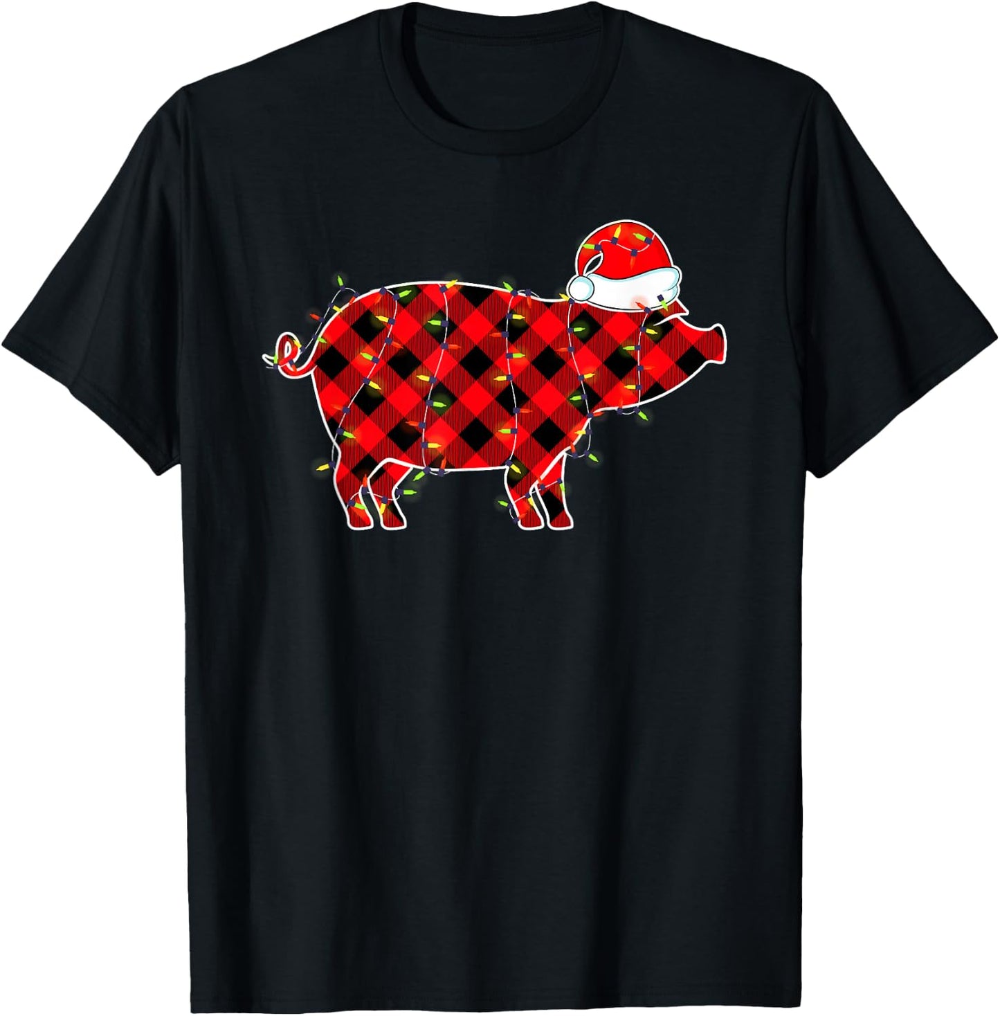 Red Plaid Pig Christmas Lights Pajamas Adult Kids T-Shirt - T-Shirt | Black