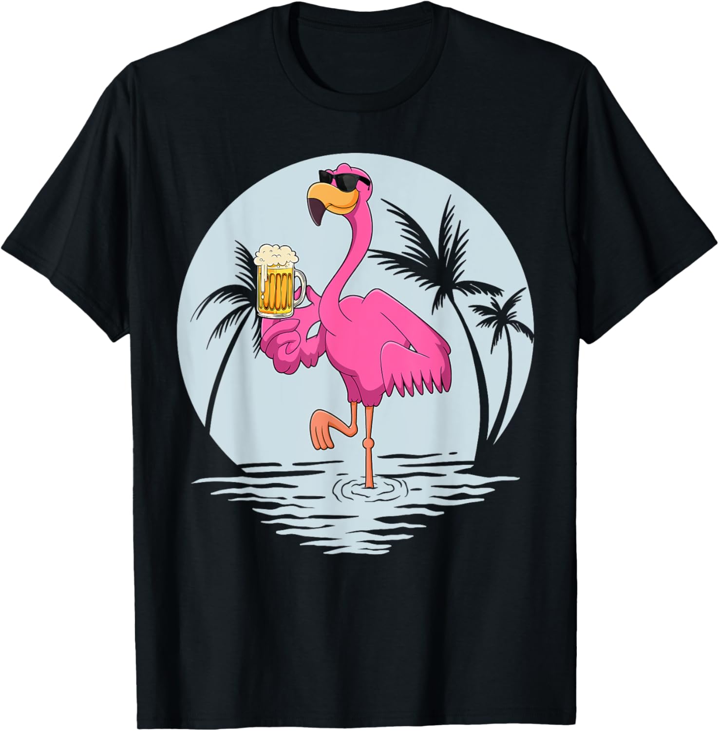 Funny Pink Flamingo Bird With Mug Of Beer Summer Vacation T-Shirt - T-Shirt | Black