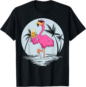 Funny Pink Flamingo Bird With Mug Of Beer Summer Vacation T-Shirt - T-Shirt | Black