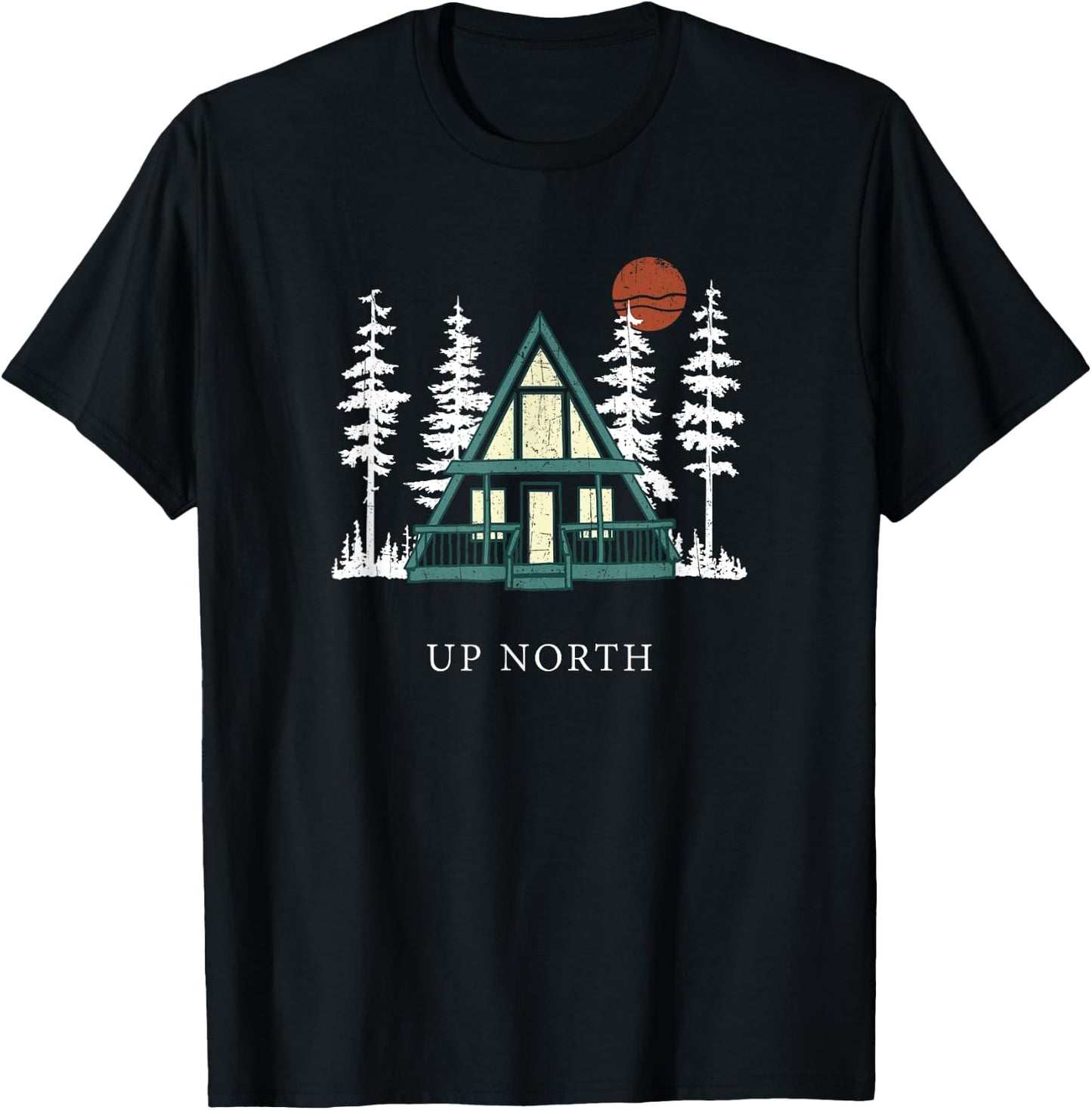 Up North A Frame Cabin Cottage Forest Sunset T-Shirt - T-Shirt | Black