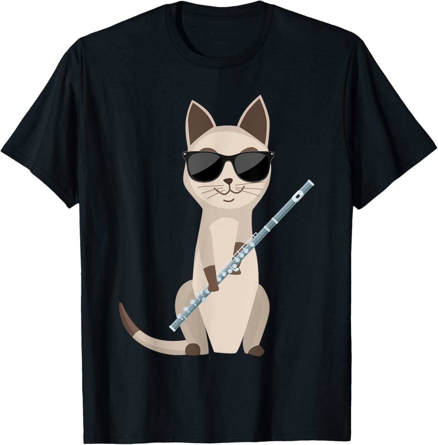 Funny Cat Wearing Sunglasses Playing Flute Flutist Cat Women Girls Kids T-Shirt - T-Shirt | Black