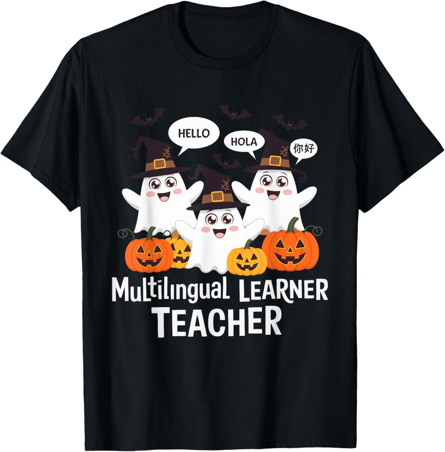 Multilingual Learner Teacher Spooky Halloween ESL Teacher T-Shirt - T-Shirt | Black