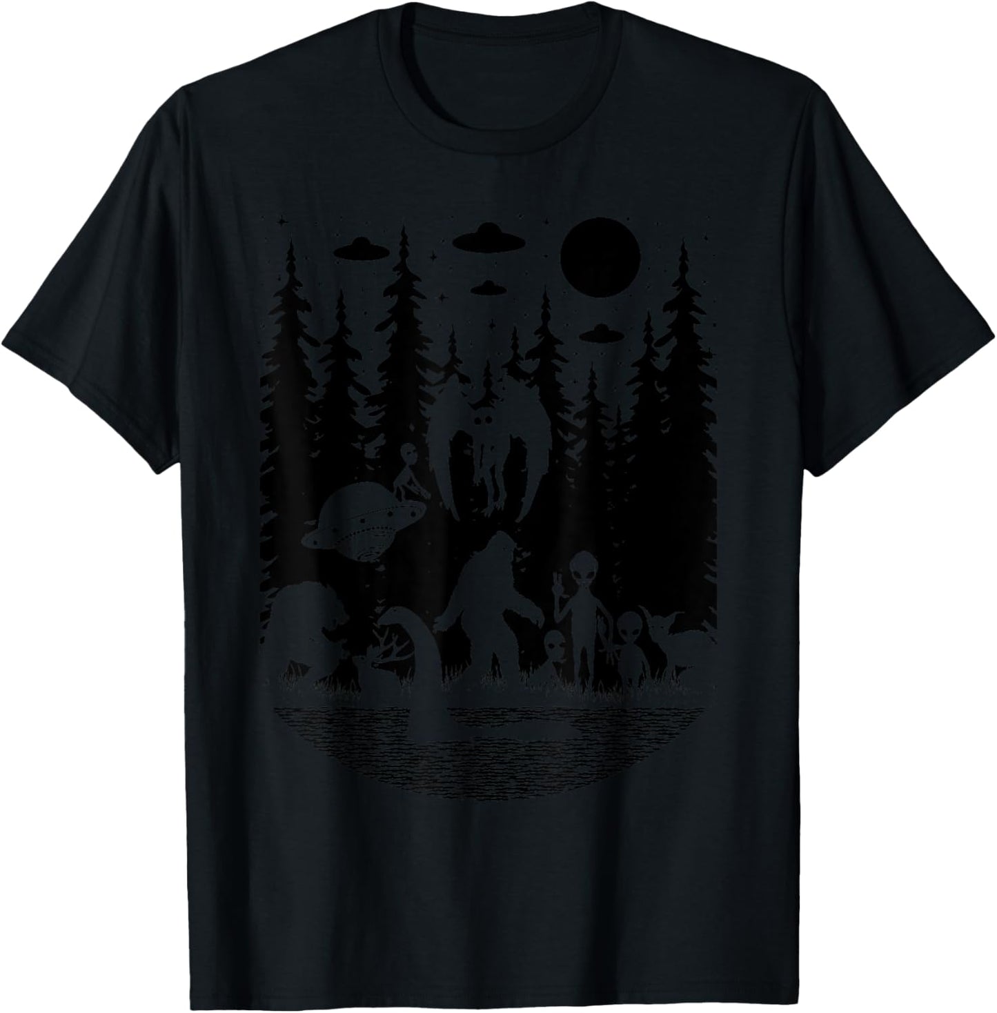 Bigfoot Loch Ness Monster Mothman And Aliens Funny Cryptid T-Shirt - T-Shirt | Black
