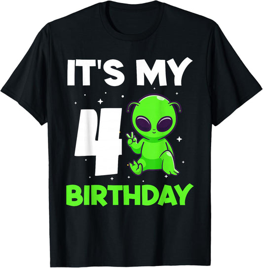 Kids Alien 4 Years Old Boy Girls 4th Birthday T-Shirt - T-Shirt | Black