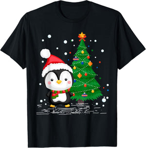 Funny Penguin Lover Gift Santa Hat Penguin Christmas T-Shirt - T-Shirt | Black