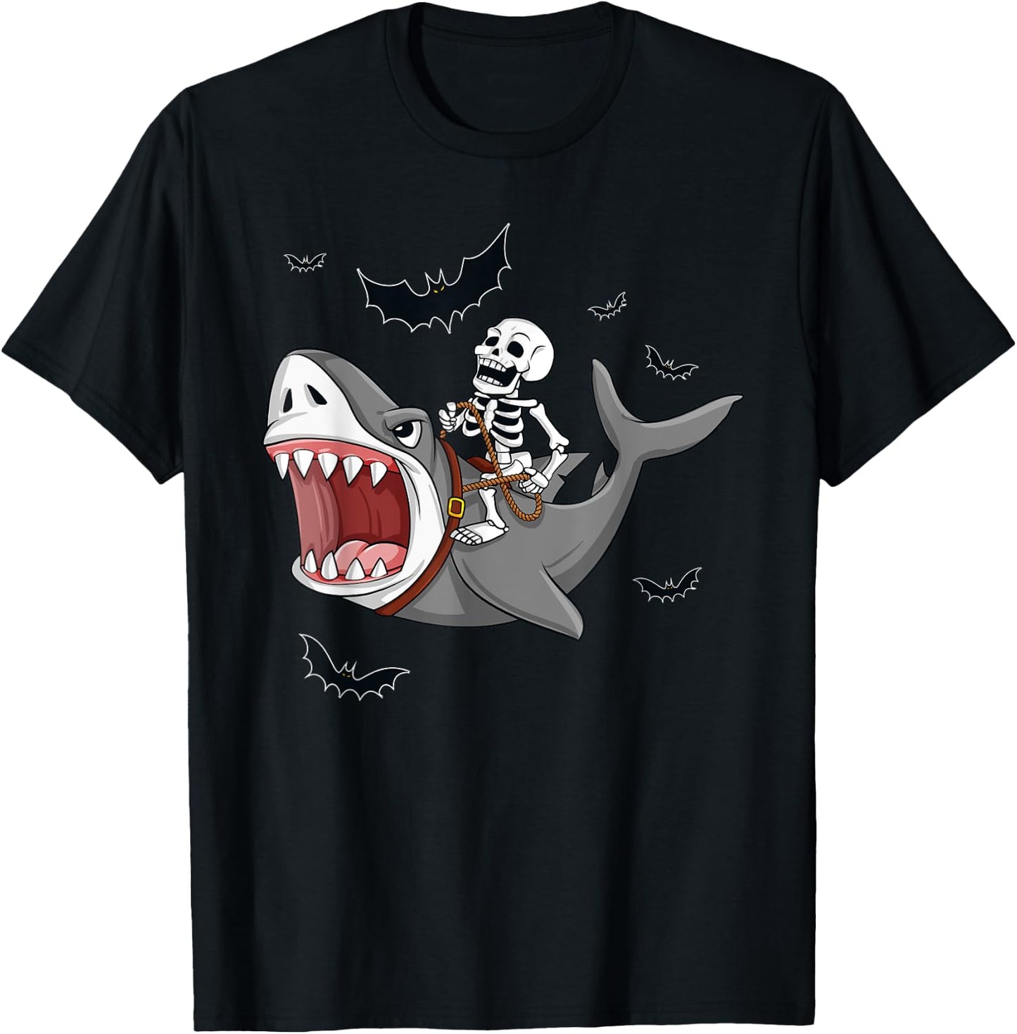 Skeleton Riding Shark Scary Halloween Boys Girls Kids T-Shirt - T-Shirt | Black